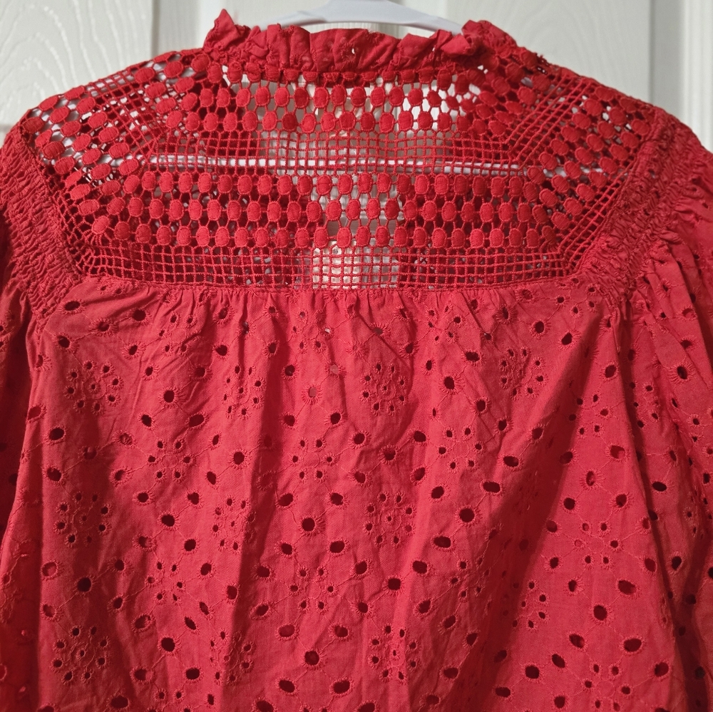 NWT Adiva Red Cotton Crochet & Eyelet Popover Blouse, Puff Sleeves, Boxy Fit. - Picture 7 of 11